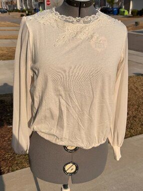 Tiny Long-Sleeve Lace Crew-Neck Top